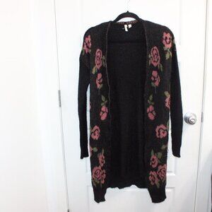 Frenchi Long Cardigan Medium Charcoal Open Floral Rose Boho Cozy Whimsigoth